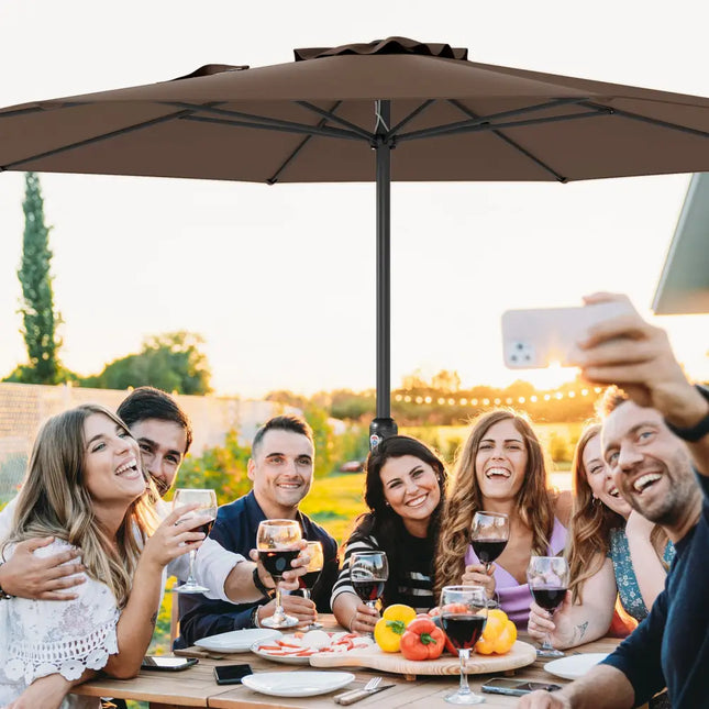 12 Feet Patio Umbrella with Crank Handle and 8 Sturdy Ribs-Coffee - Coffee - Outdoor Umbrellas