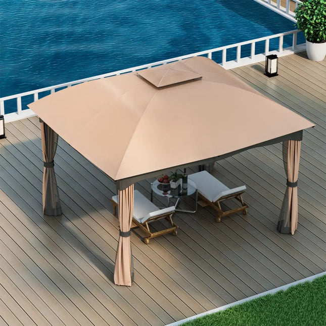 12 x 10 Feet Double Vented Heavy Duty Steel Gazebo Patio Canopy - Brown - Gazebos