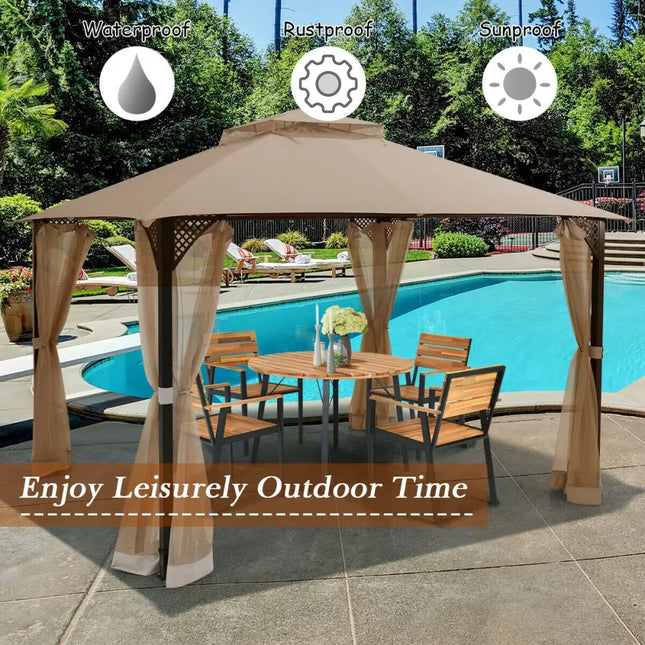 12 x 10 Feet Outdoor Double Top Patio Gazebo with Netting-Brown - Brown - Gazebos