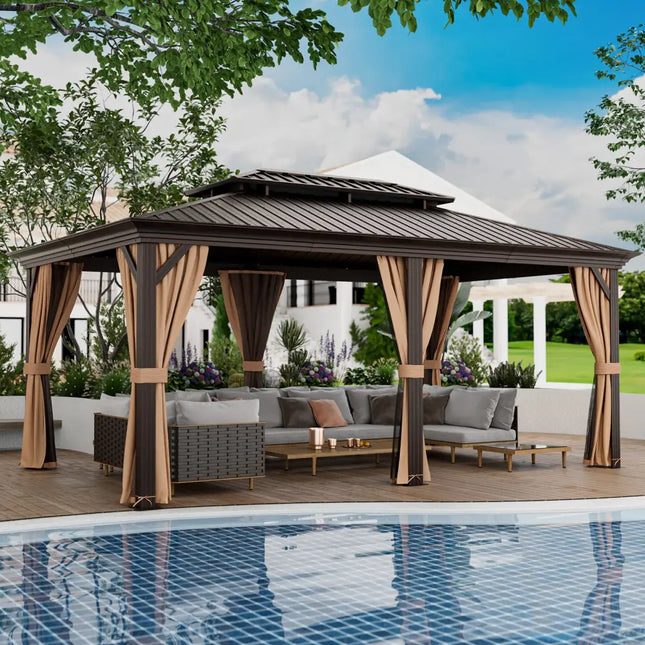 12’ x 20’ Double-Roof Hardtop Gazebo with Galvanized Steel Roof-Coffee - Coffee - Gazebos
