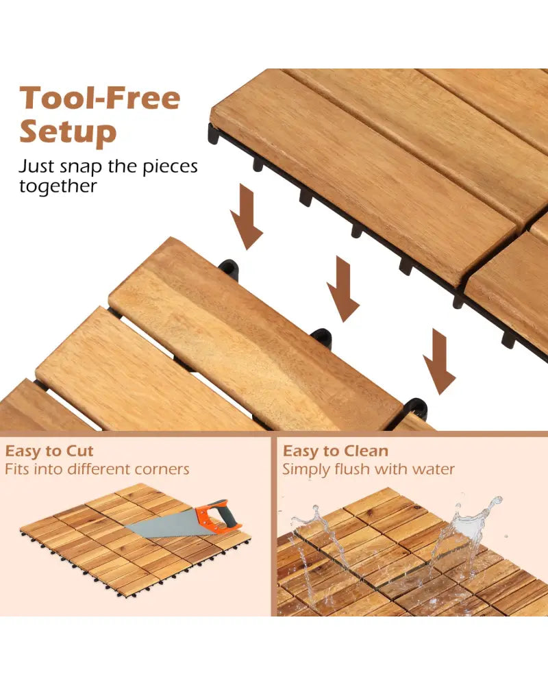 12 x 12 Inch 54 Pieces Acacia Wood Interlocking Deck Tiles with Waterproof Design-Natural - Natural - Outdoor Deck