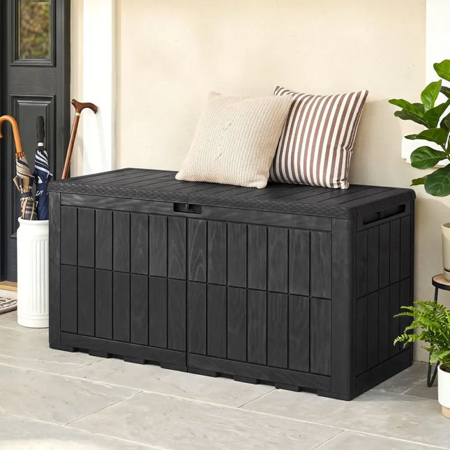 120 Gal Outdoor Deck Box with Lid and Handles for Garden Tools-Black - Black - Sheds & Outdoor Storage