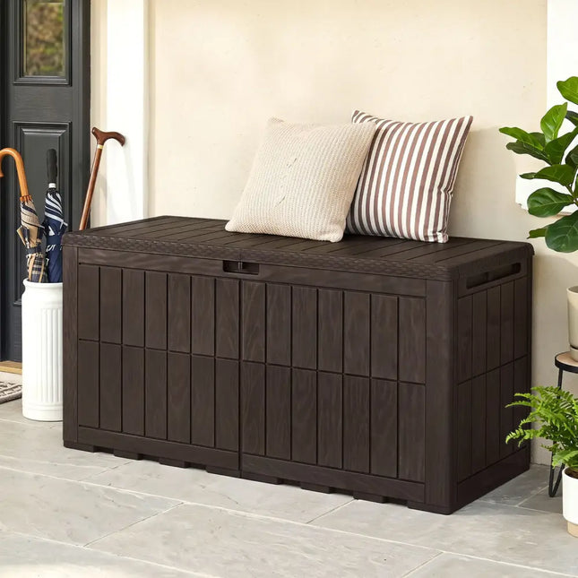 120 Gal Outdoor Deck Box with Lid and Handles for Garden Tools-Brown - Brown - Sheds & Outdoor Storage