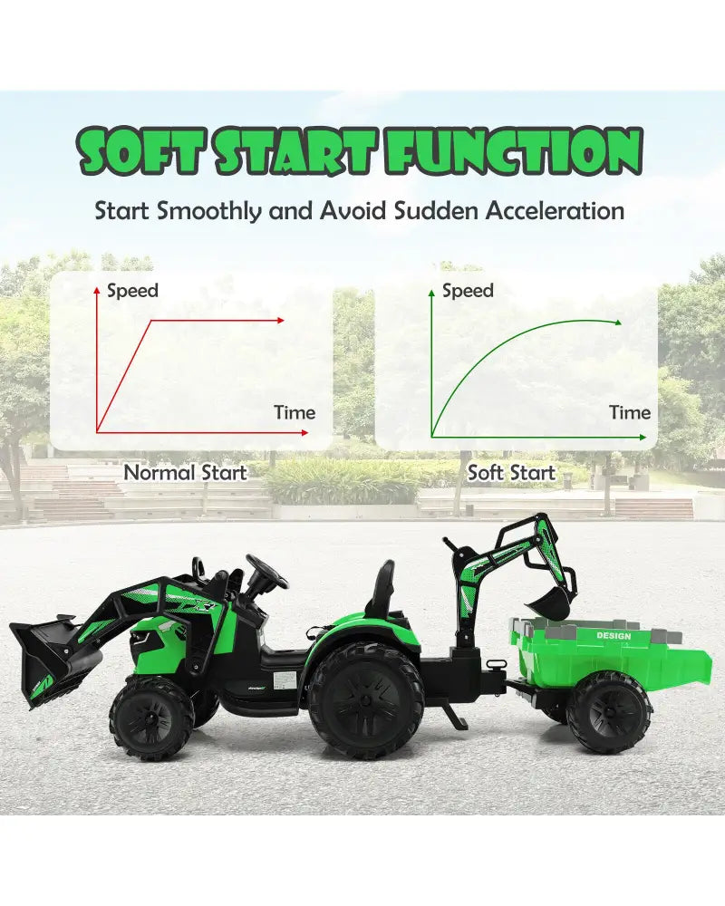12V 3 in 1 Kids Ride On Excavator with Shovel Bucket and Music-Green - Green - Powered Ride On Toys