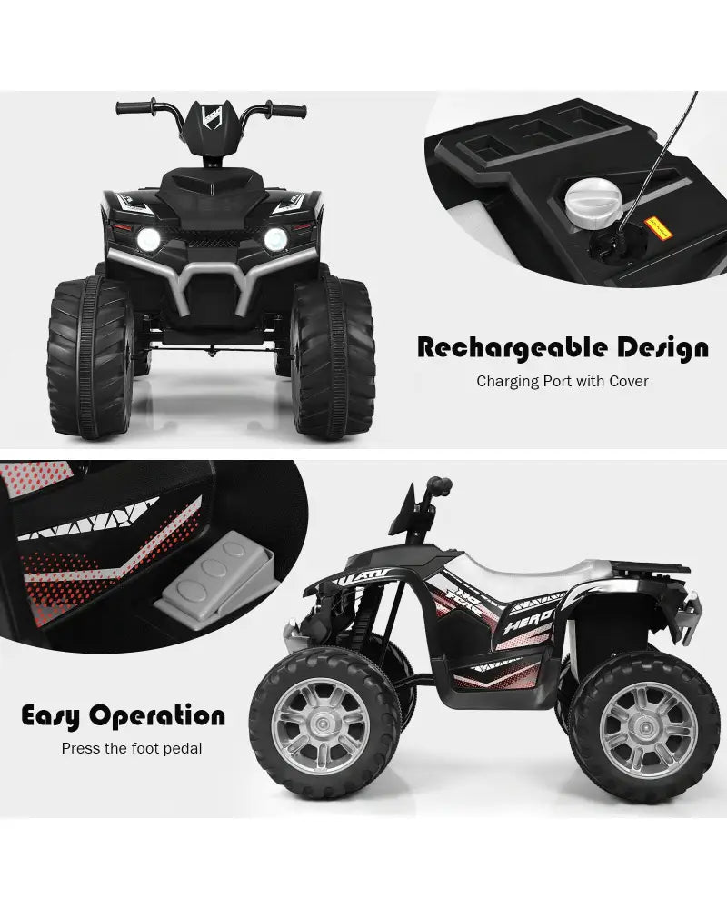 12V Kids Ride on ATV with LED Lights and Treaded Tires and LED lights-Black - Black - Powered Ride On Toys