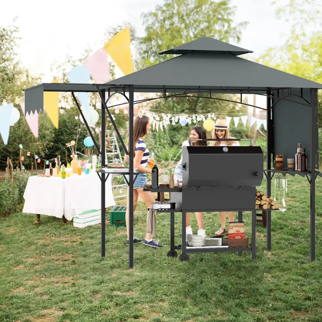 13 x 5 Feet Grill Gazebo with Dual Side Awnings and 2 Shelves Adjustable Shadow-Gray - Gray - Gazebos