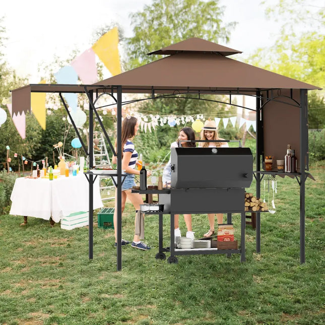 13 x 5 Feet Grill Gazebo with Dual Side Awnings and 2 Shelves Adjustable Shadow-Coffee - Coffee - Gazebos
