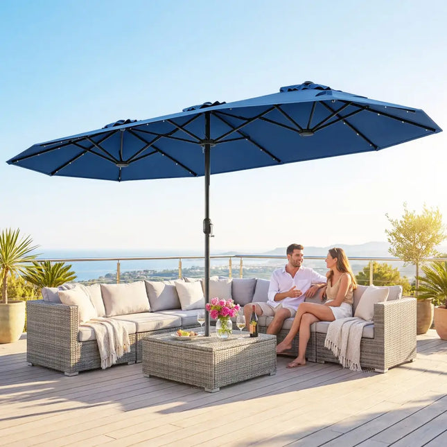 13FT Double-sided Patio Umbrella with Solar Lights for Garden Pool Backyard-Navy - Navy - Outdoor Umbrellas