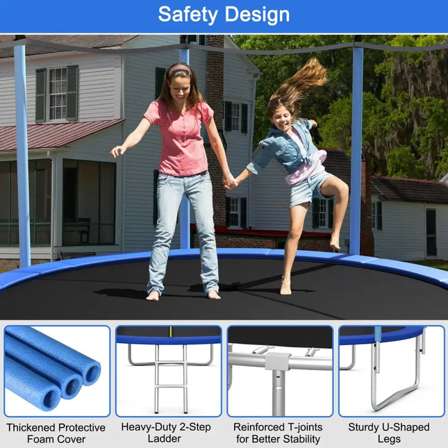 14 Feet Jumping Exercise Recreational Bounce Trampoline with Safety Net - Blue - Trampolines