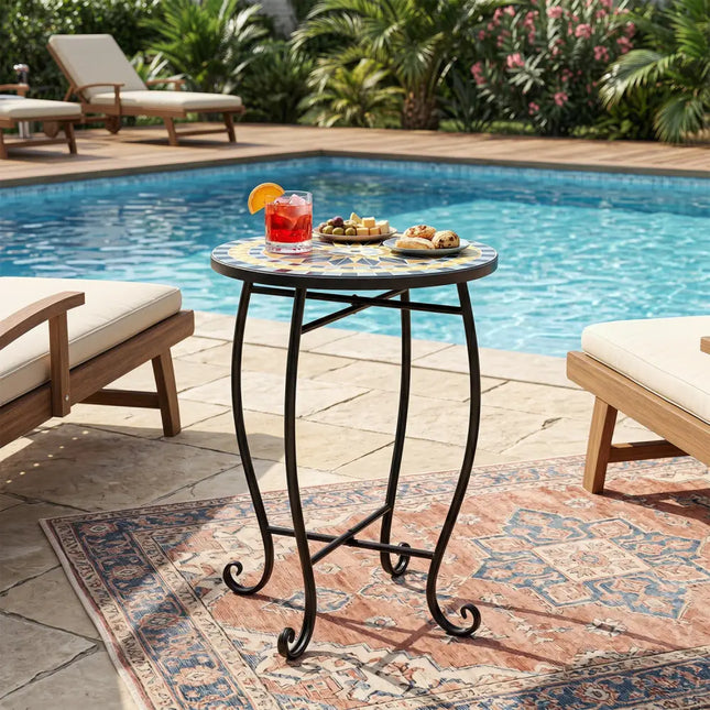 14’’ Floral Clover/Blooming Lotus/Bright Sunflower Mosaic Patio Accent Coffee End Table-Yellow - Yellow - Patio Coffee