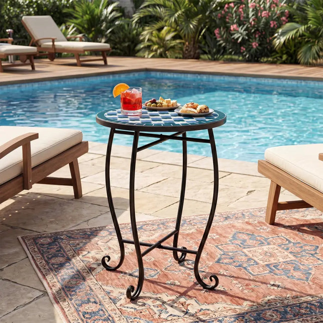 14’’ Floral Clover/Blooming Lotus/Bright Sunflower Mosaic Patio Accent Coffee End Table-Blue - Blue - Patio Coffee