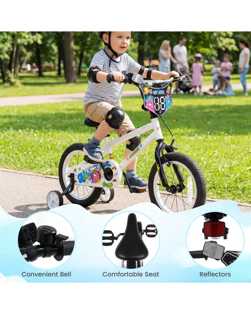 14 Inch Kids Bike with Training Wheels for Ages 3-5 Years Old White- Street Art Time - White - Kids Bike