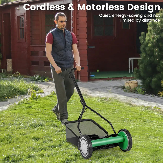 14 Inch Push Lawn Mower with 5 Steel Blades and Grass Catcher Bag-Green - Green - Lawn Care Tools