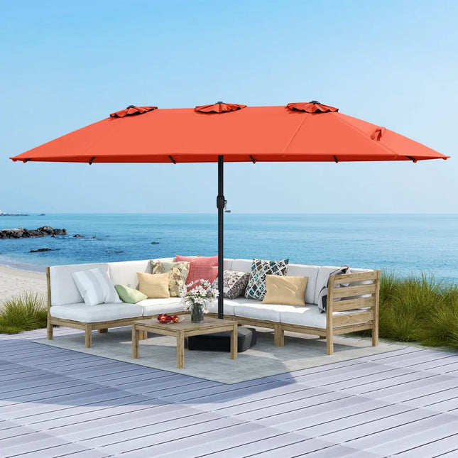 15 Feet Double-Sided Twin Patio Umbrella with Crank and Base Coffee in Outdoor Market-Orange - Orange - Outdoor