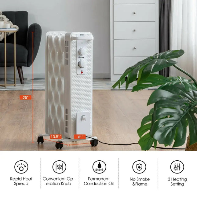 1500 W Oil - Filled Heater Portable Radiator Space Heater with Adjustable Thermostat - White - Oasis Home Essentials