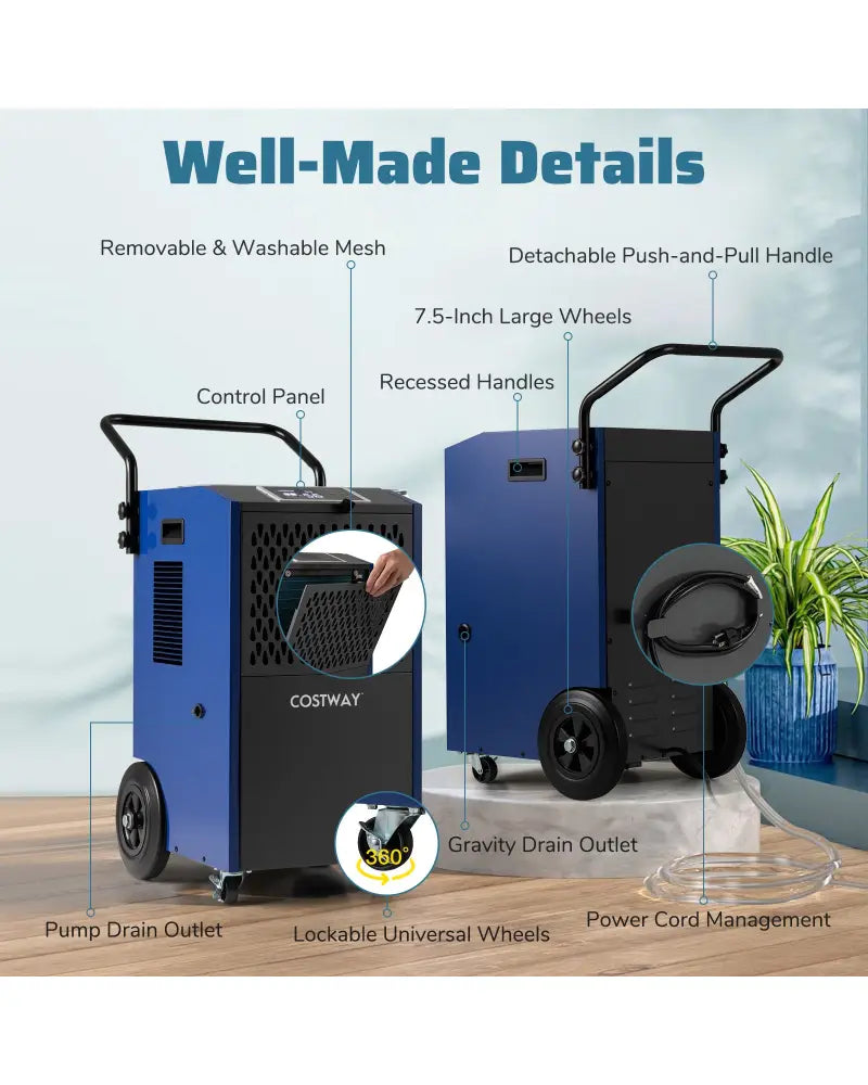 154 Pints Commercial Dehumidifier with Pump and Drain Hoses-Blue - Blue - Dehumidifiers