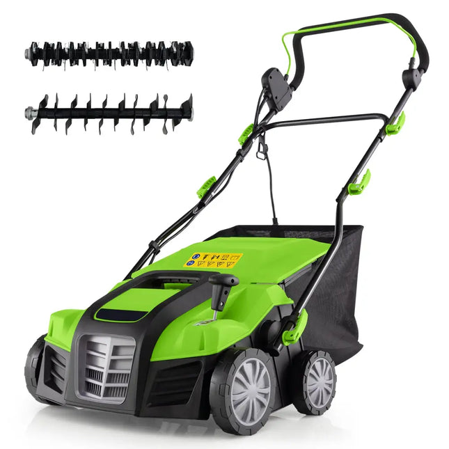 16-Inch Electric Lawn Dethatcher and Scarifier with Collection Bag-Green - Green - Lawn Care Tools
