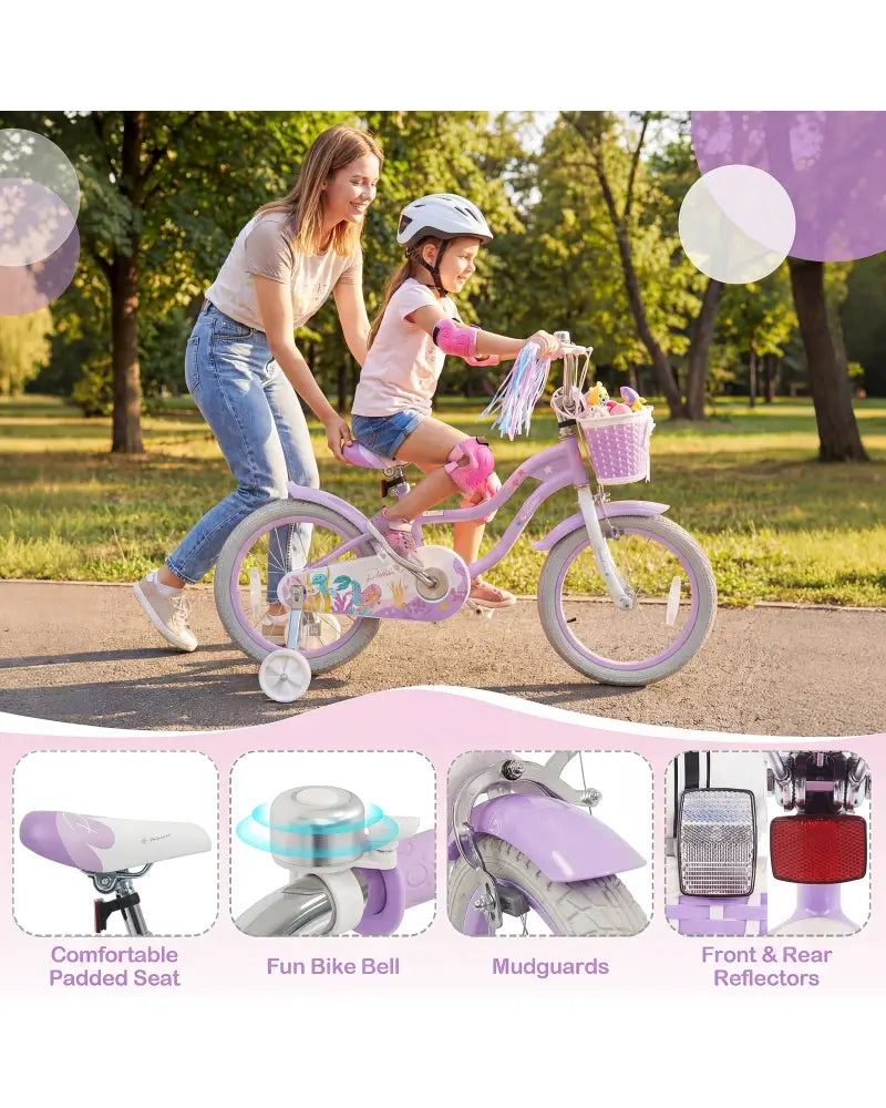 16 Inch Kids Bike Adjustable with Basket and Streamers Purple - Princess of the Sea Theme - Purple - Kids Bike