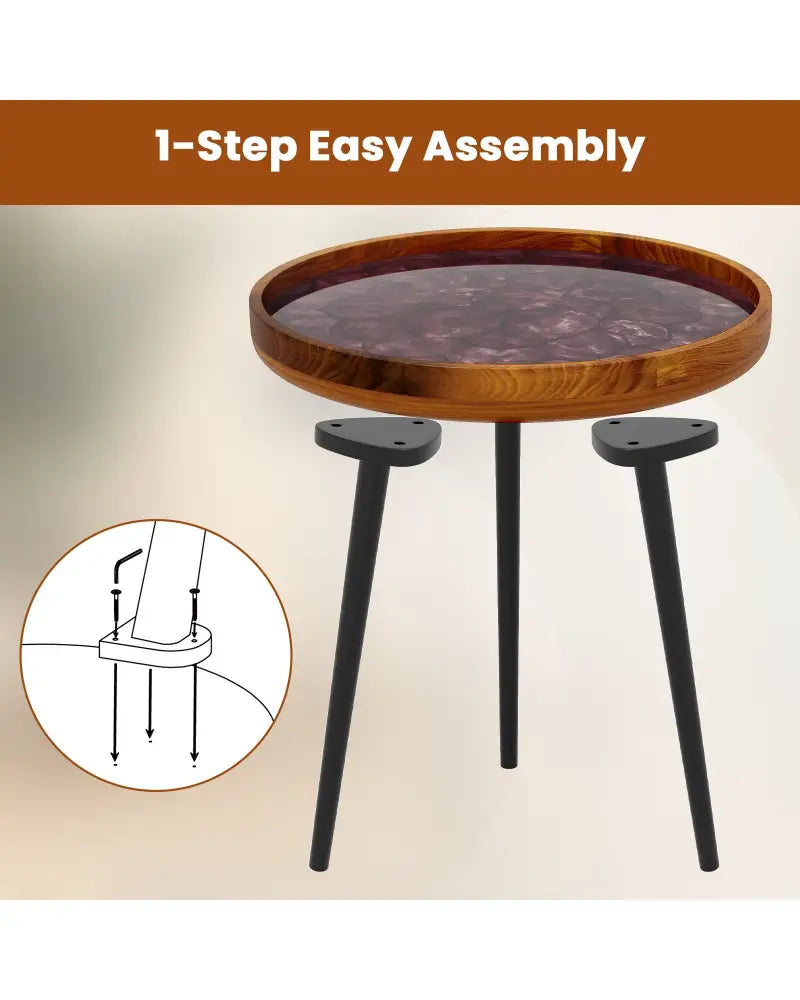 16 Inch Round End Table with Sea Shell Decoration and Epoxy Resin Finish-Brown - Brown - End & Side Tables