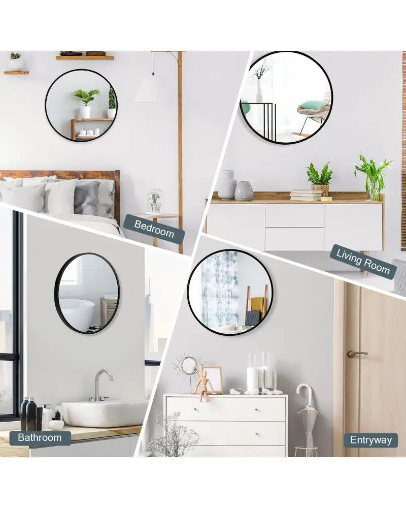 16-inch Round Wall Mirror with Aluminum Alloy Frame-Black - Black - Wall Mirrors