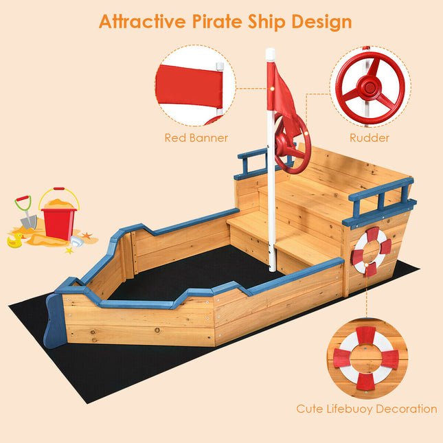 Wooden Pirate Boat Wood Sandbox for Kids - Sandboxes