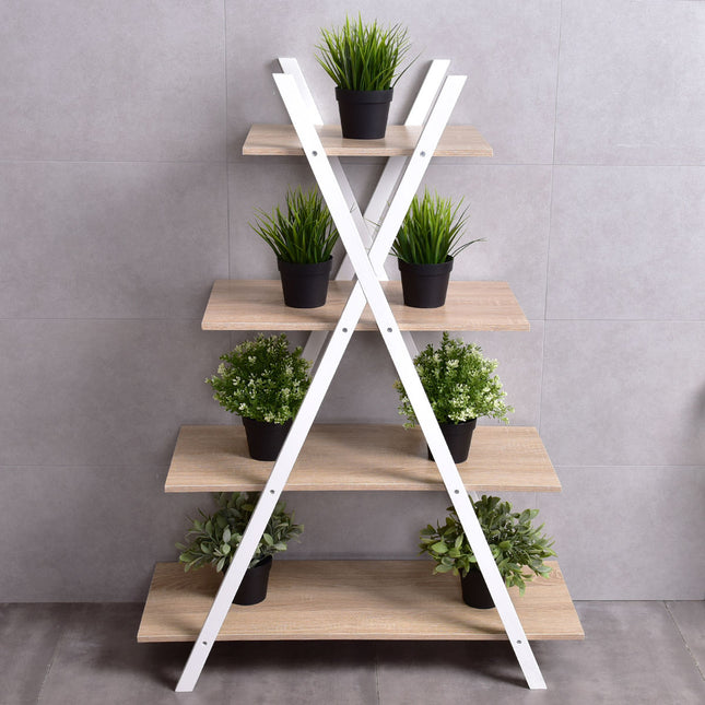X-Shape 4-Tier Display Shelf Rack Potting Ladder - White - Plant Stands