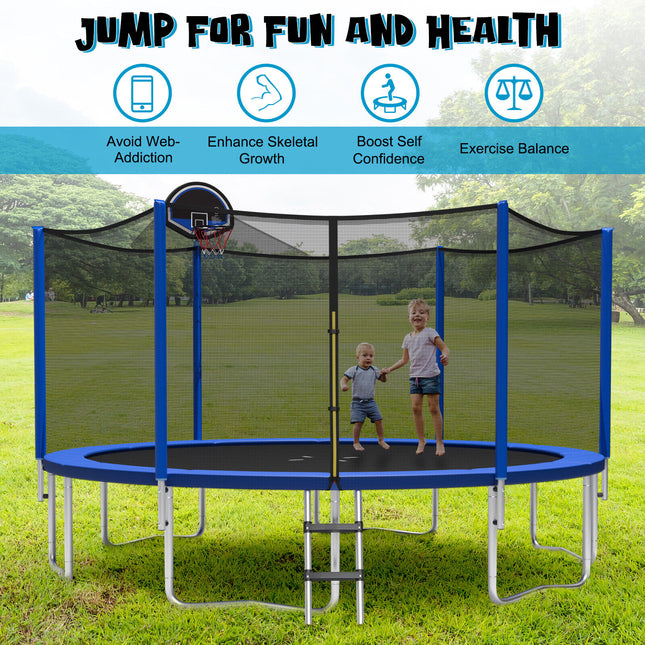 12/14/15/16 Feet Outdoor Recreational Trampoline with Enclosure Net-16 ft