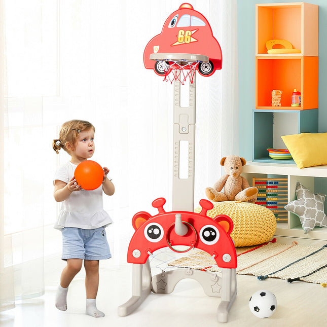 3-in-1 Basketball Hoop for Kids Adjustable Height Playset with Balls-Red - Red - Toy Sports