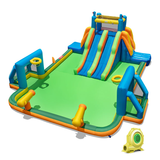 Kids Inflatable Water Slide with 2 Long Slides and 2 Soccer Gates with 950W Blower