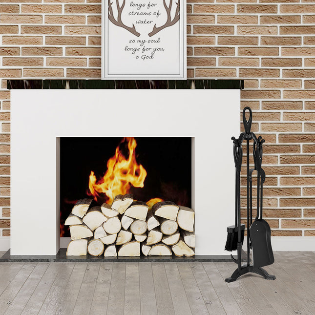 5 Pieces Rustic Heavy Duty Compact Wrought Iron Fireplace Tools Set - Black - Fireplace Tools