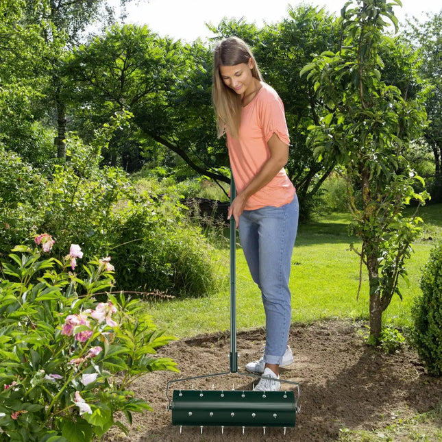 18/21 Inch Manual Lawn Aerator with Detachable Handle Filled with Sand or Stone-21 inches - Green - Lawn Care Tools