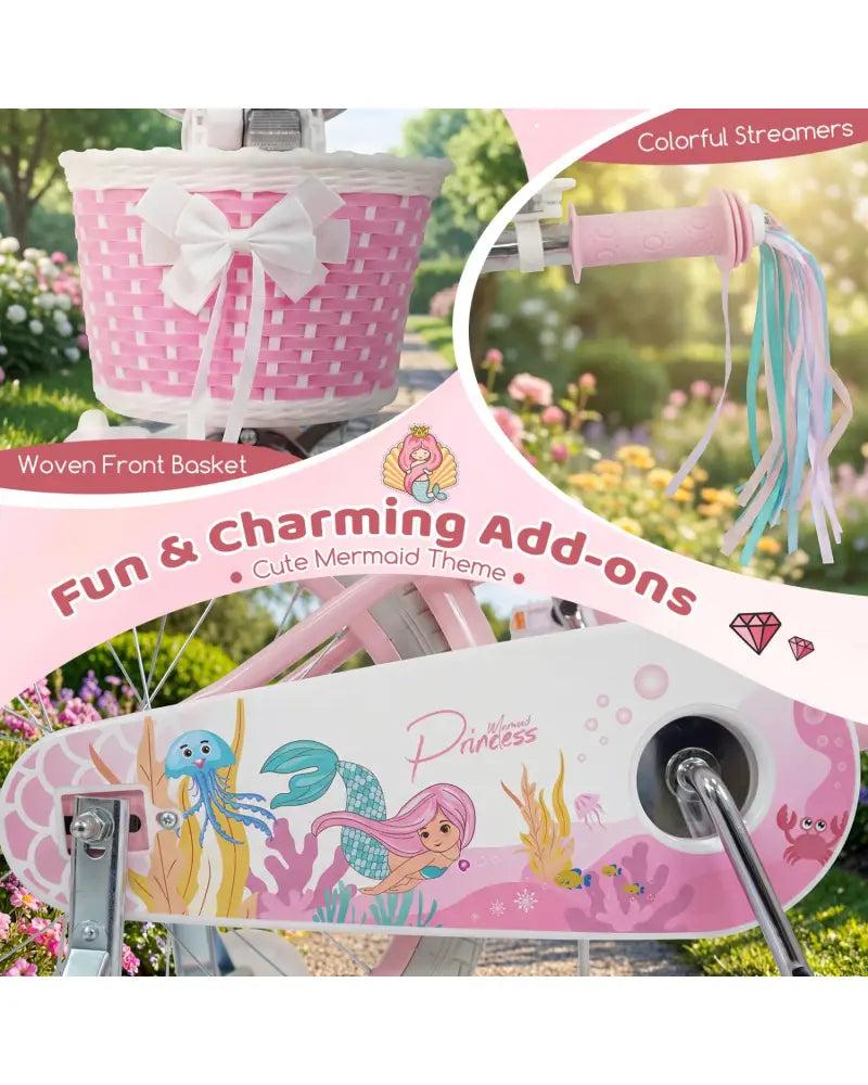 18-Inch Kids Bike Adjustable with Basket and Streamers Pink - Princess of the Sea Theme - Pink - Kids Bike