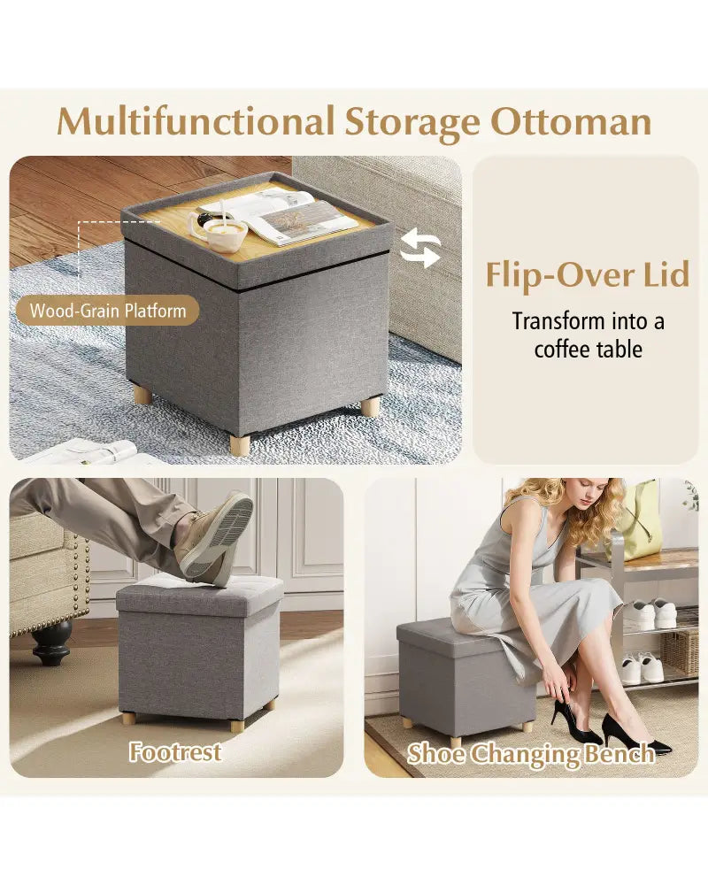 18 Inches Ottoman with Storage and Rubber Wood Legs-Gray - Gray - Shoe Racks & Storage Benches
