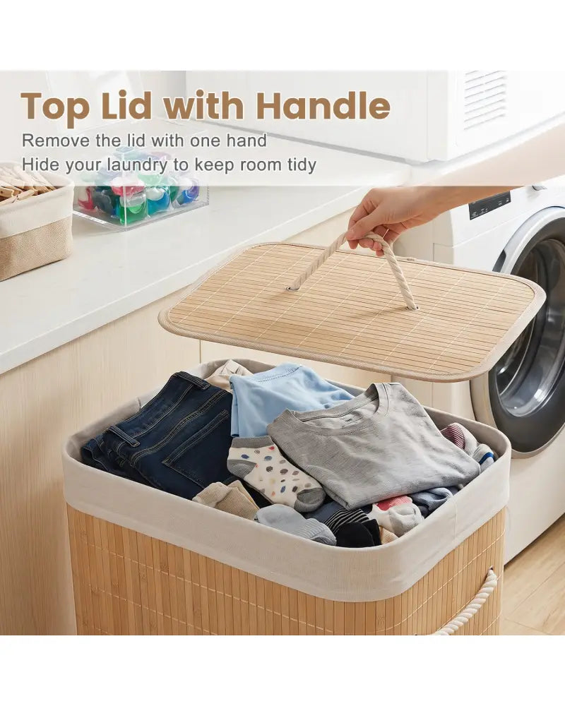 19 Gal Bamboo Clothes Hamper with Removable Liner and Portable Handles-Natrual - Natural - Laundry Baskets