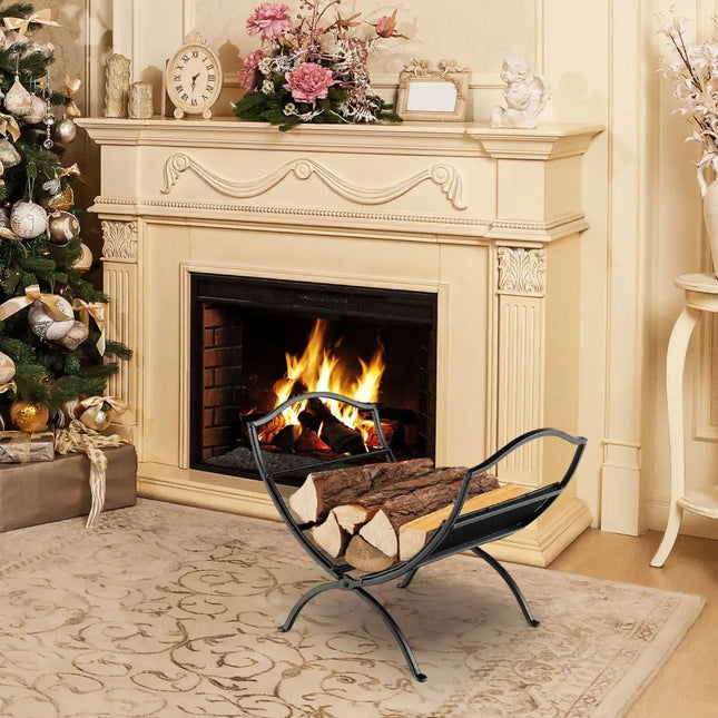 19 Inch Folding Fireplace Log Rack with Convenient Handle-Black - Black - Log Storage