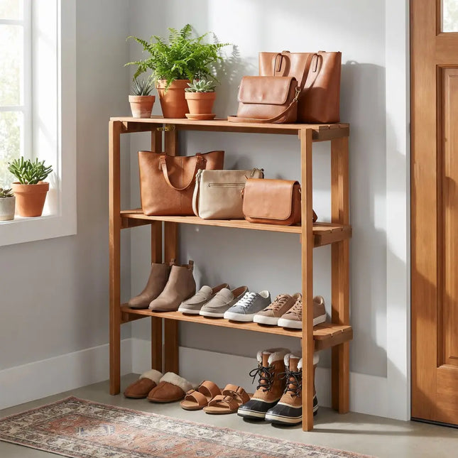 2/3-Tier Folding Wooden Storage Shelves for Entryway and Garden-3-Tier - Plant Stands