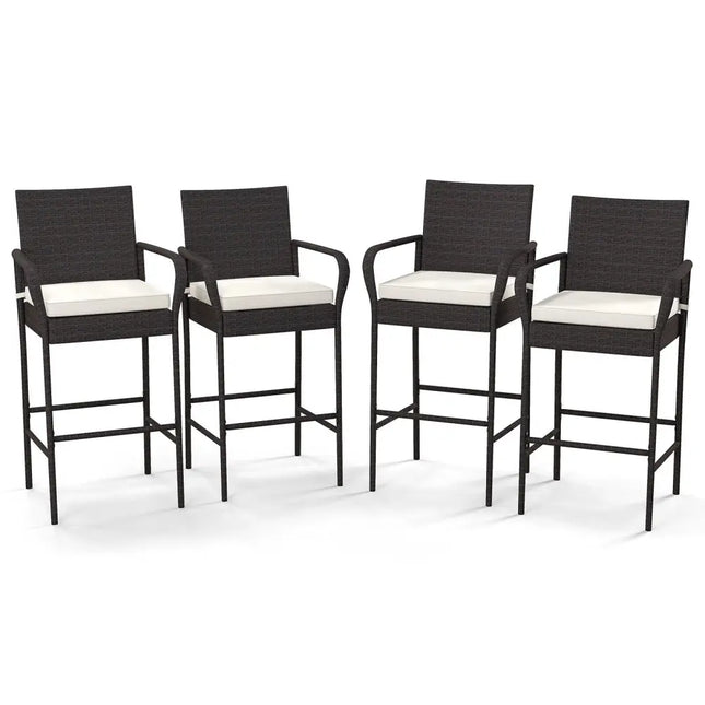 2/4 Pieces Outdoor PE Rattan Cushioned Barstool Set with Armrests-Set of 4 - Off White - Patio Bar Furniture