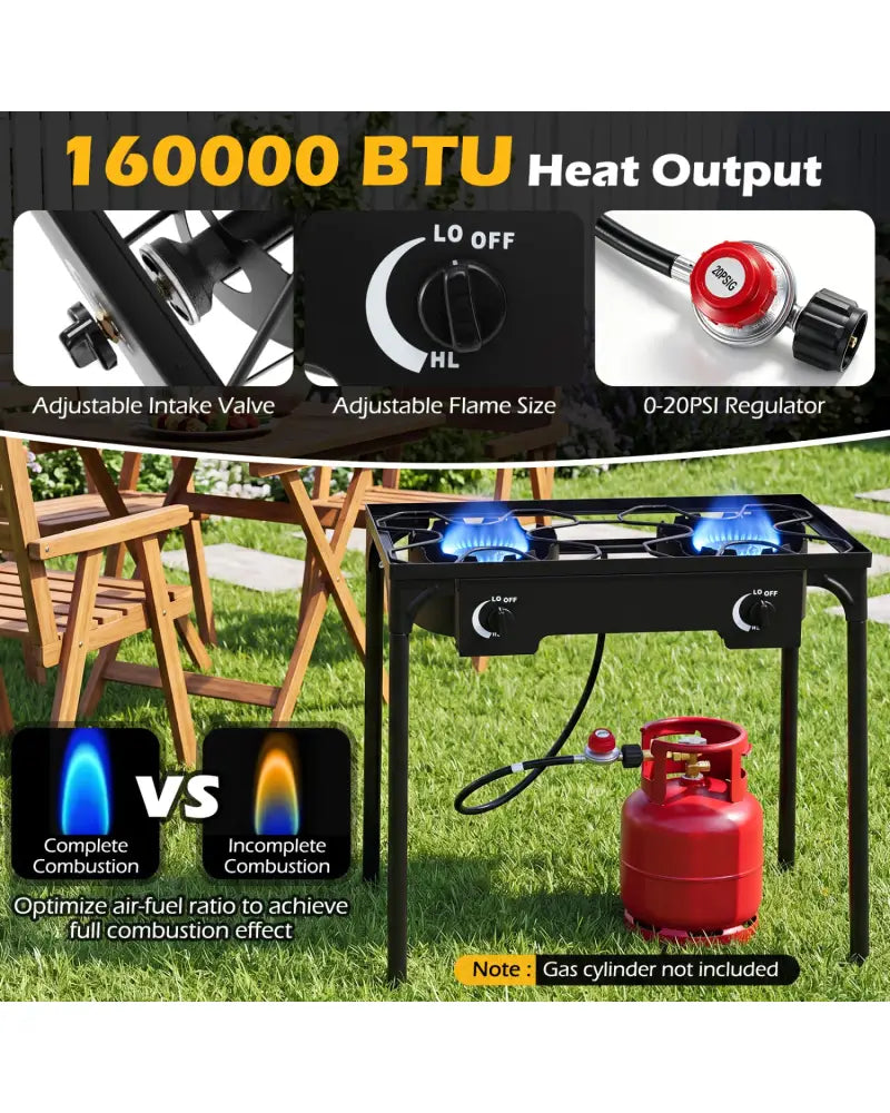 2 Burner Propane Stove 160000 BTU with Adjustable Regulator & Hose for Camping BBQ-Black - Black - Outdoor Grills