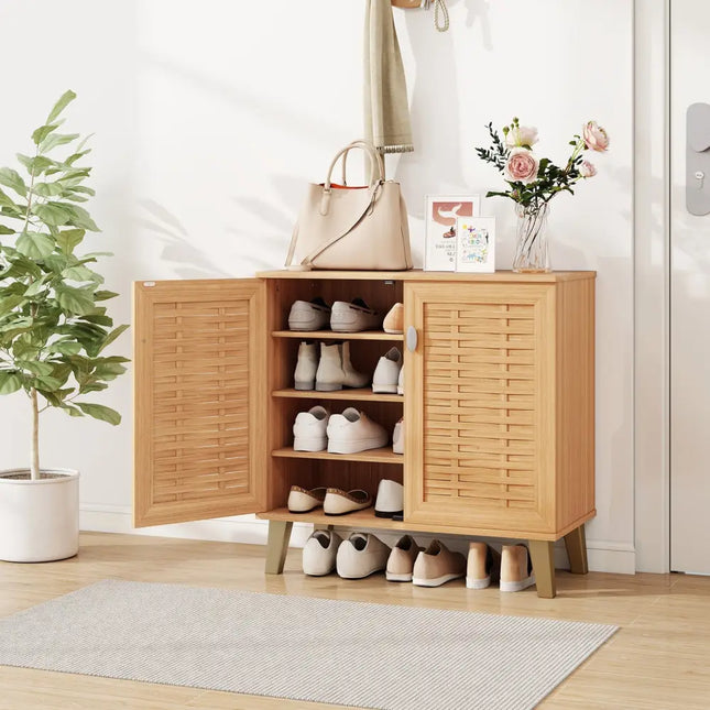 2-Door 4-Tier Shoe Cabinet Storage Organizer with Ventilated Woven Doors-Teak - Teak - Shoe Racks & Storage Benches