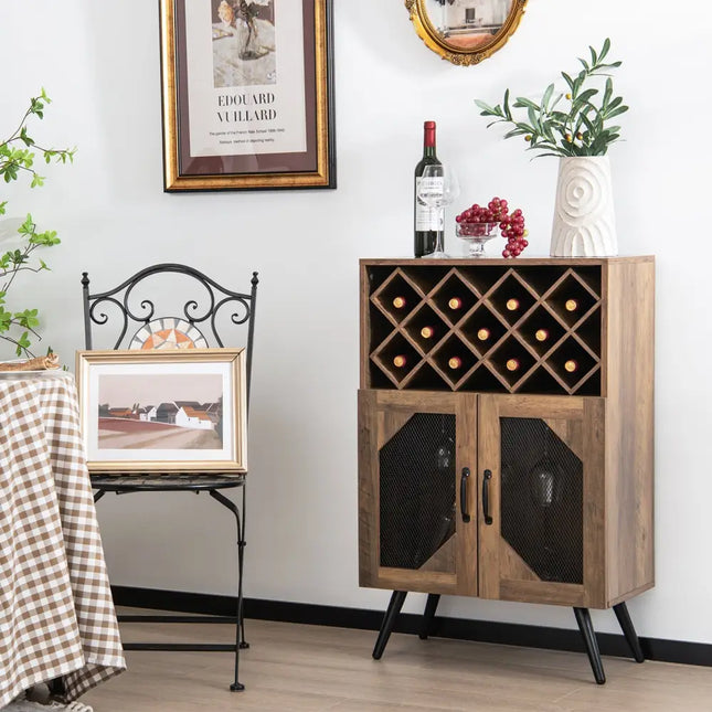 2-Door Farmhouse Kitchen Storage Bar Cabinet with Wine Rack and Glass Holder-Rustic Brown Costway
