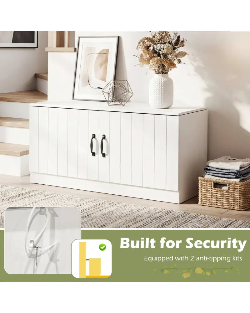 2-Door Shoe Bench Shoe Storage Cabinet with Adjustable Shelves-White - White - Shoe Racks & Storage Benches