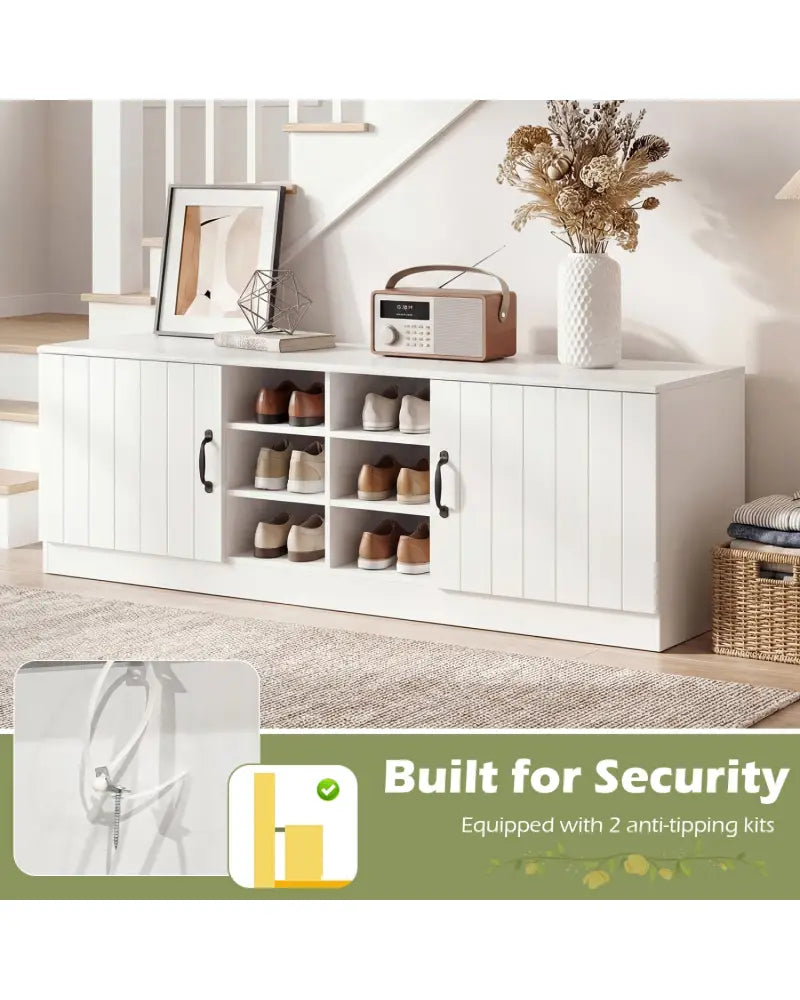 2-Door Shoe Bench Storage Cabinet with Adjustable Shelves-White - White - Shoe Racks & Storage Benches