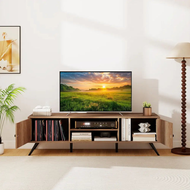 2-Door TV Stand for TVs up to 65 Inch with Open Shelves-Oak Costway