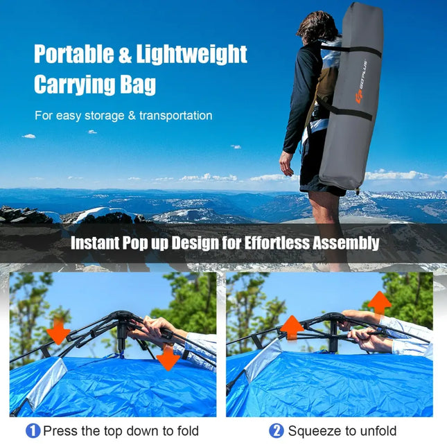 2-in-1 4 Person Instant Pop-up Waterproof Camping Tent-Blue - Blue - Tents