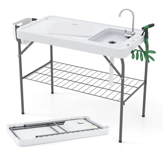 2 in 1 Folding Fish Cleaning Table with Sink and Faucet for Patio BBQ - Outdoor