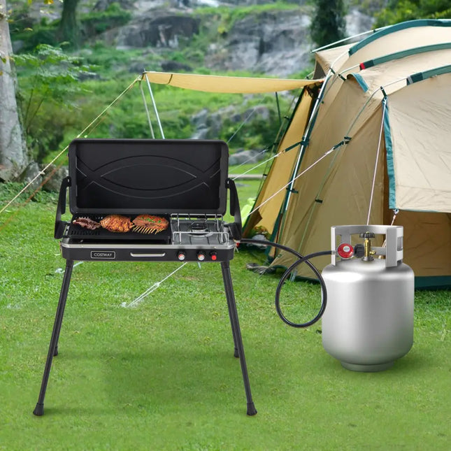2-in-1 Gas Camping Grill and Stove with Detachable Legs-Black - Black - Outdoor Grills