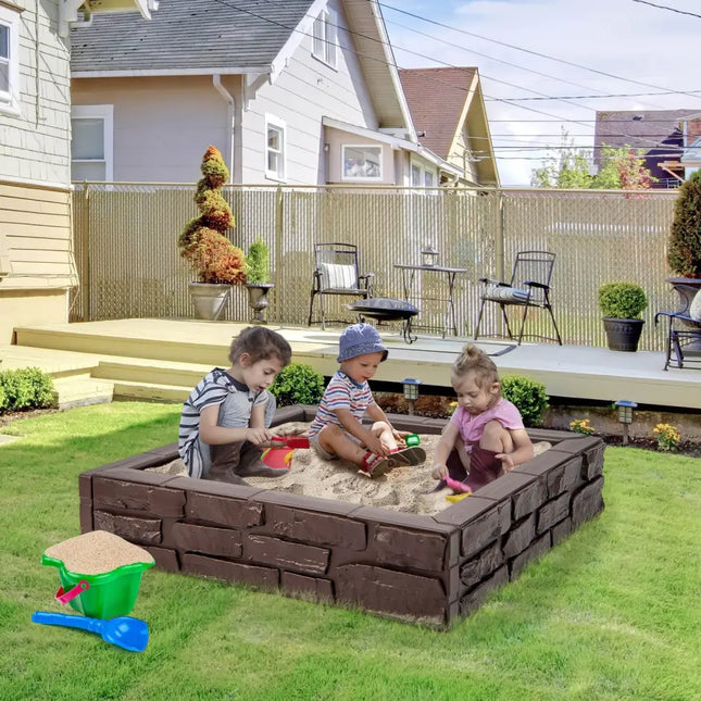 2-In-1 HDPE Kids Sandbox with Cover and Bottom Liner-Brown - Brown - Sandboxes