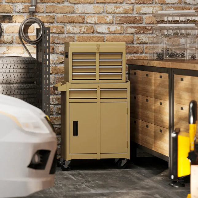 2-in-1 Rolling Tool Chest with 5 Sliding Lockable Drawers-Yellow - Yellow - Garages