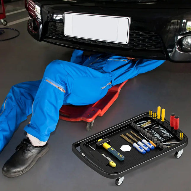 2-in-1 Rolling Tool Tray Height Adjustable Work Table with Detachable Part Tray-Black - Black - Garages