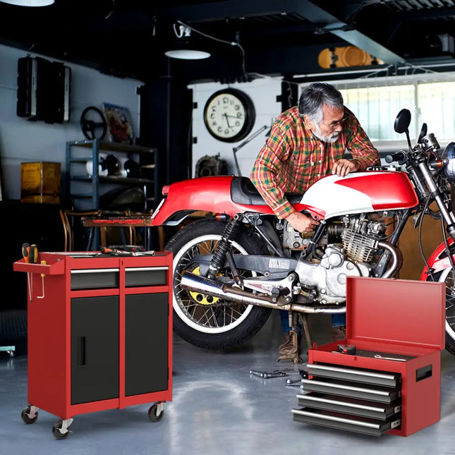 2-in-1 Tool Chest and Cabinet with 5 Sliding Drawers-Black & Red - Black & Red - Garages